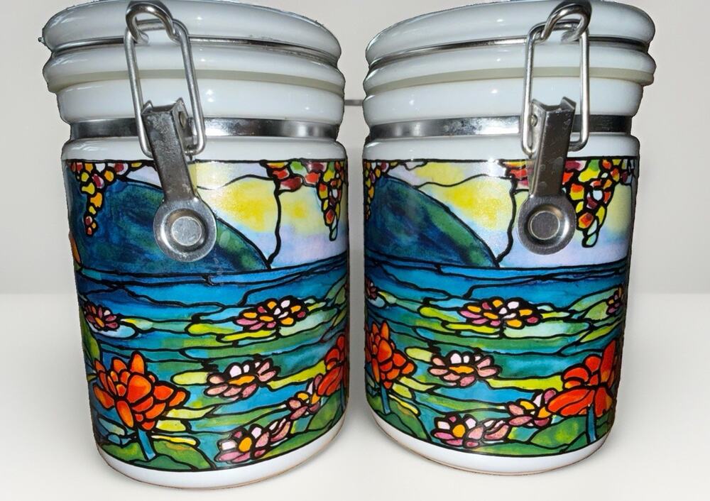 Tiffany Style Ceramic Locking Jars Museum Co. Stained Glass Art RARE Vintage 8x5